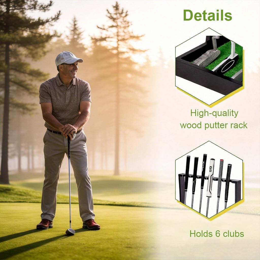 Golf Club Holder for 6 Clubs, Golf Putter Stand Wooden Display Rack, Floor Display Rack Club Organizer Suitable for Storage Sports Indoor Home Office Simulator