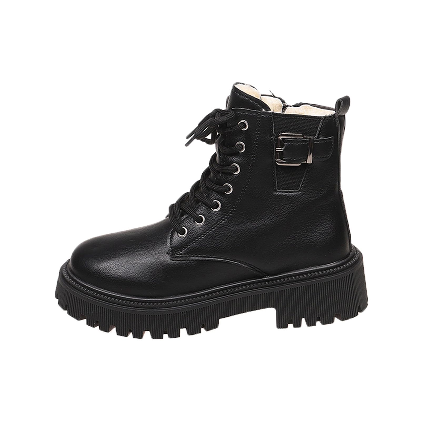 Womens Fur Lined Winter Boot Lace Up Combat Ankle Boots Fashion Low Chunky Heel Lug Sole Platform Buckle