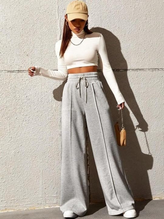 Image of Women's Wide Leg Casual Pants, High Waist Cotton Blend, Drawstring, Light Colour, Relaxed Fit