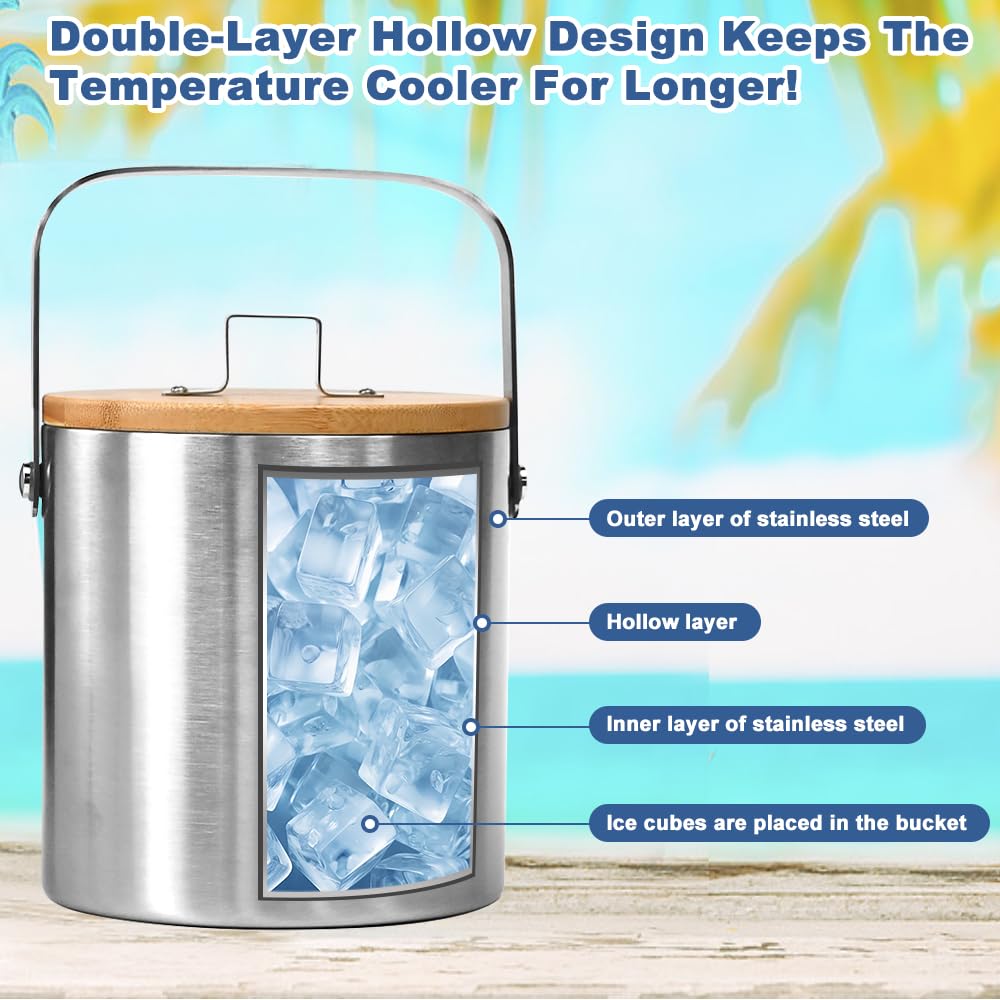 Secchiello Ghiaccio in Acciaio Inox 1,3L Secchiello per Champagne a Doppia Parete Portaghiaccio con Coperchio Pinze e Filtro Contenitore del Cubetto di Ghiaccio per Cocktail Bar e Feste