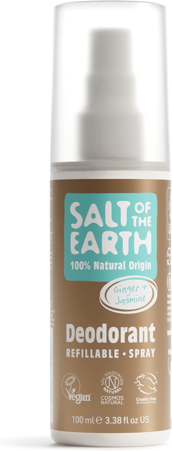 Salt of the Earth – Refillable Natural Deodorant Spray – 100% Natural Origin Ingredients – Vegan, Long Lasting Protection – Suitable For Women, Men & Kids – 100ml (Ginger & Jasmine)