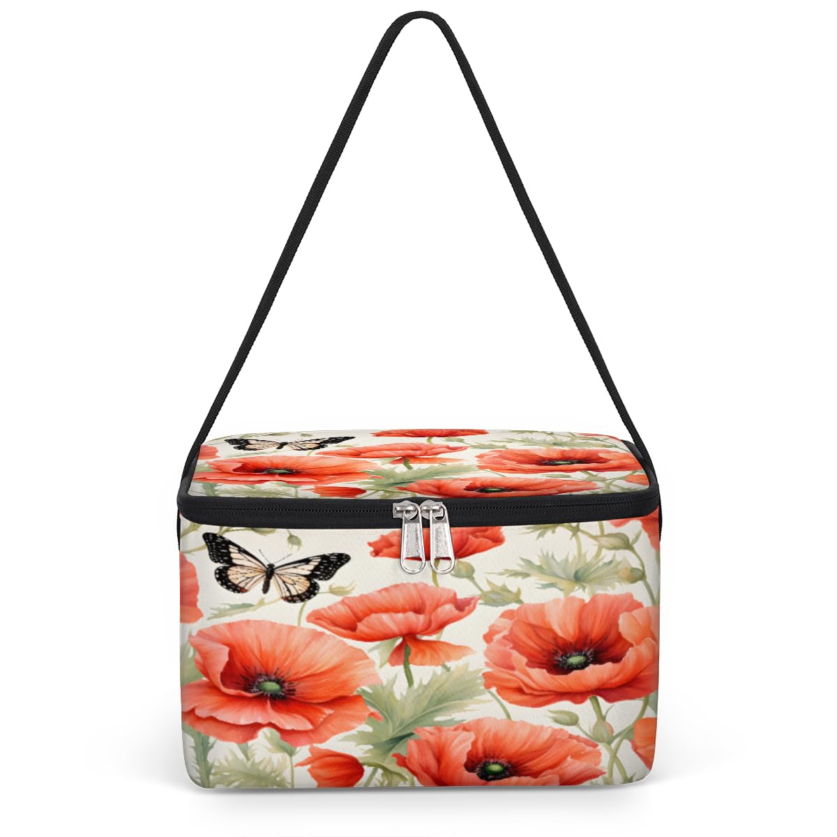 GzLeyigou Red Poppy Lunch Bags for Women Men 9 Cans, Hot & Cold Food Delivery Bag Insulated Grocery Bag Insulated Lunch Box Butterfly Cooler Bag for Office Work Picnic Beach