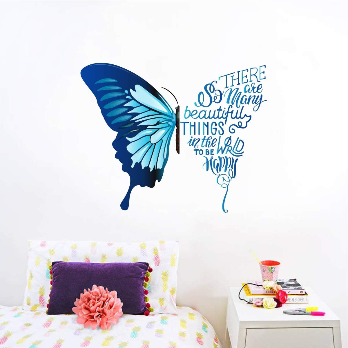 Decal O Decal Vinyl Blue Butterfly with Motivational Quotes ' Wall Stickers, self-adhesive, 10 x 90 mm