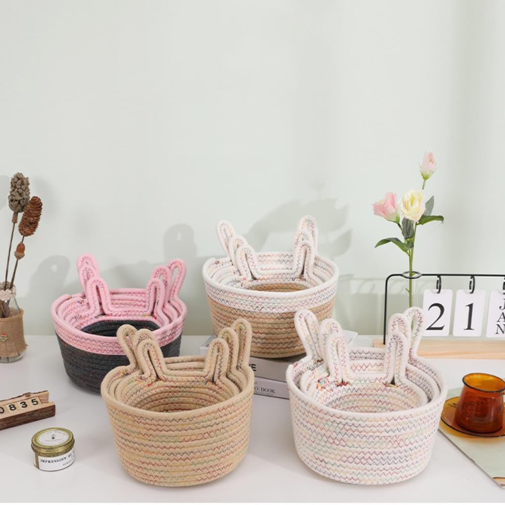 Cesta de almacenamiento multiusos apilable de cuerda de algodón trenzada, organizador con orejas, cesta trenzada para regalos, para baño, habitación infantil, salón, rosa marrón, S+M+L