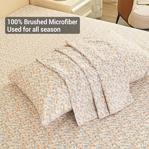 Viviland Floral Queen Sheet Set 4 Pieces Light Orange Flower Bed Sheet Soft Breathable Brushed Microfiber Bedding Sheet & Pillowcase Wrinkle Free Fitted Sheet With 15 Inch Deep Pocket For Queen Size thumb #5