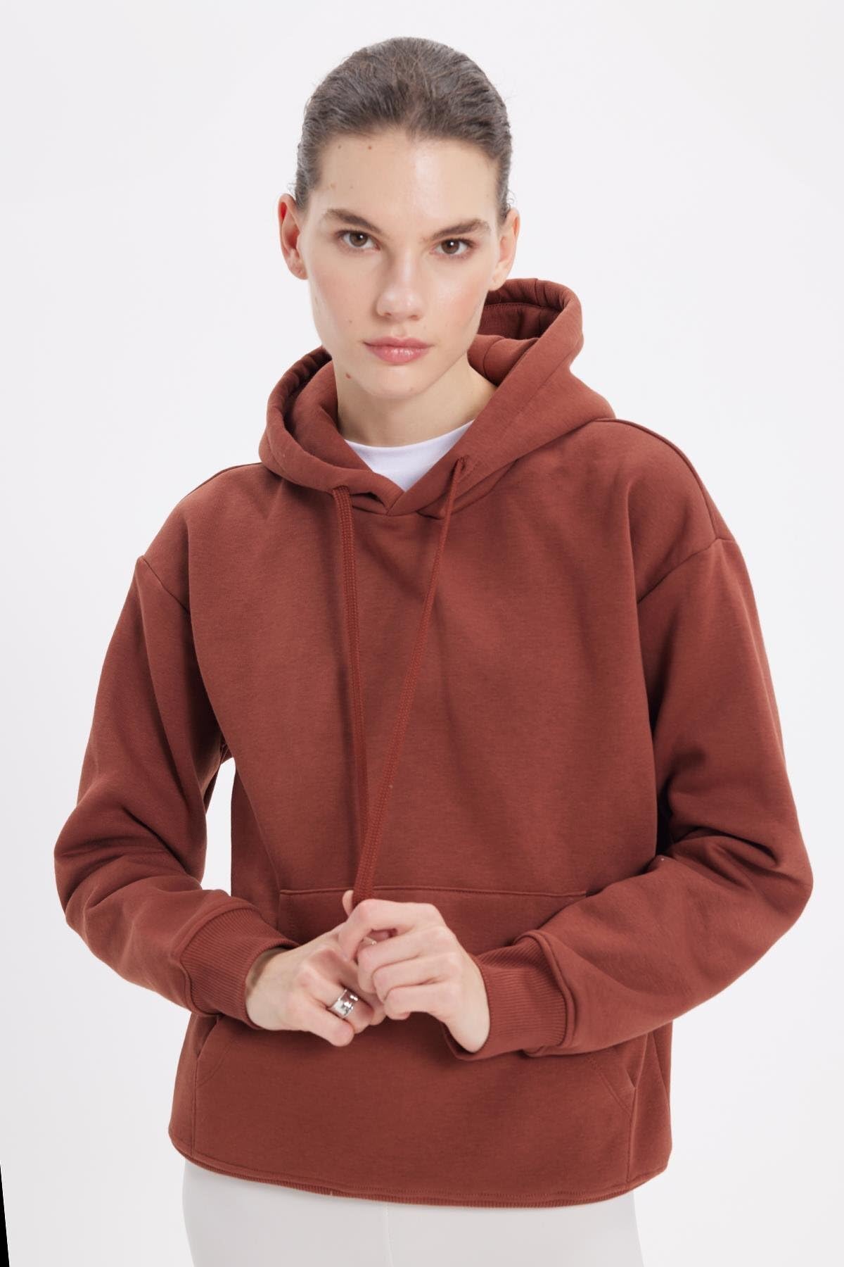 TUDORS Kapüşonlu Sweatshirt Oversize Geniş Kesim Pamuklu İçi Polarlı, L, SW250025-02, Kahverengi, kadın