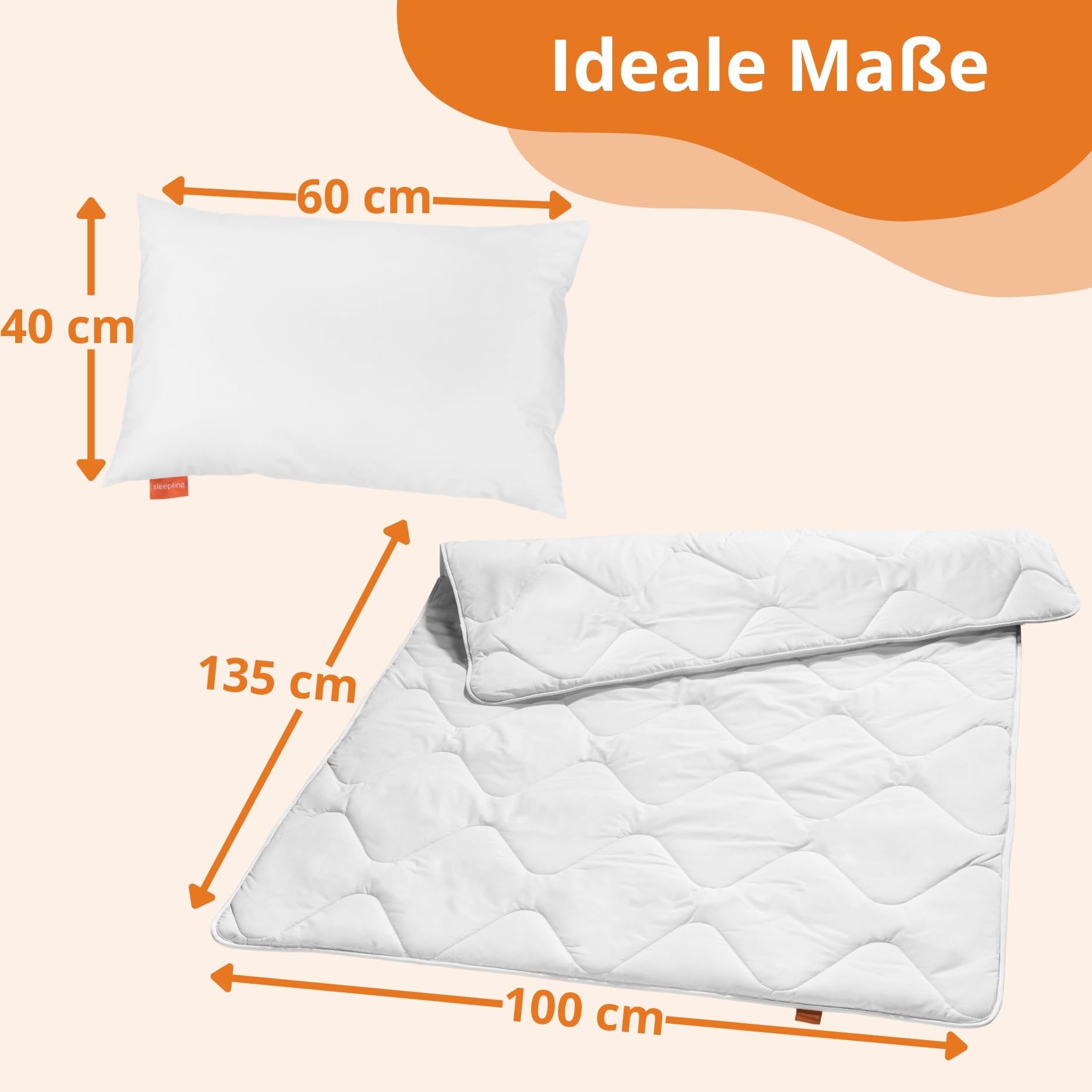 sleepling 197121 set per lettino bambini composto da piumino per tutto l'anno 100 x 135 cm e cuscino per bambini 40 x 60 cm, 100% microfibra, anallergico, bianco