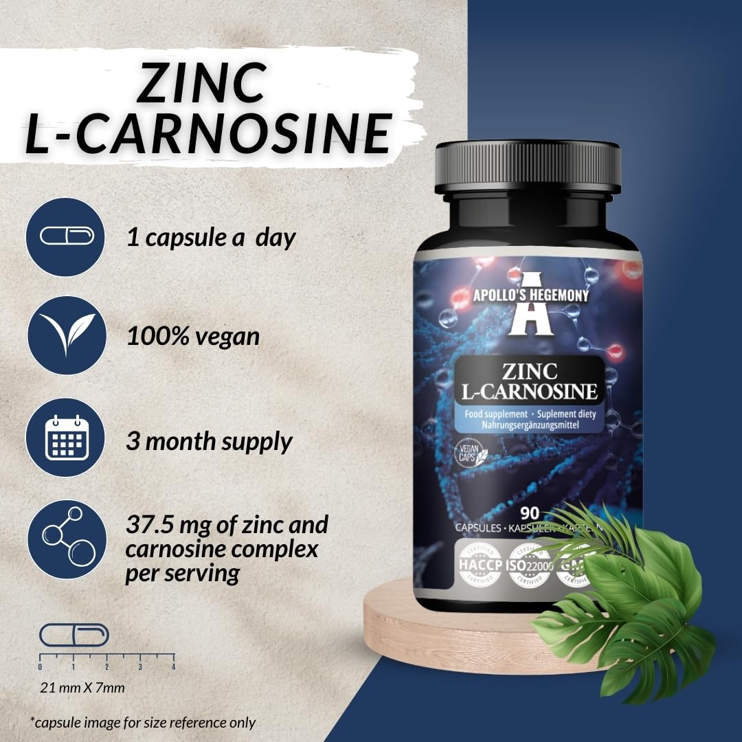Zinco L-Carnosina 37,5 mg per capsula - 90 capsule vegane - 3 mesi di fornitura - Per la salute di pelle, capelli e unghie - Integratore da Apollo's Hegemony