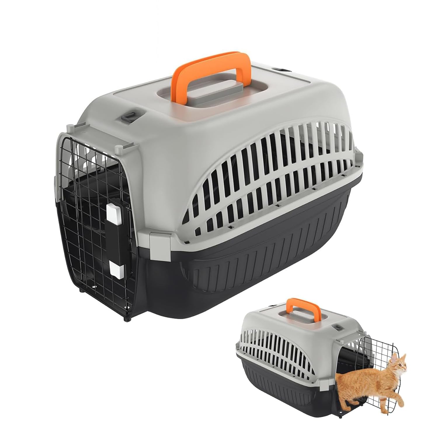 LZQ Hundetransportbox Auto aus PP-Kunststoff, Katzentransportbox bis 10 kg, Transportbox für Kaninchen Hunde und Katzen, mit Metalltür Vorne für Einfachen Zugang, Transportbox Katze(Schwarz + Grau)