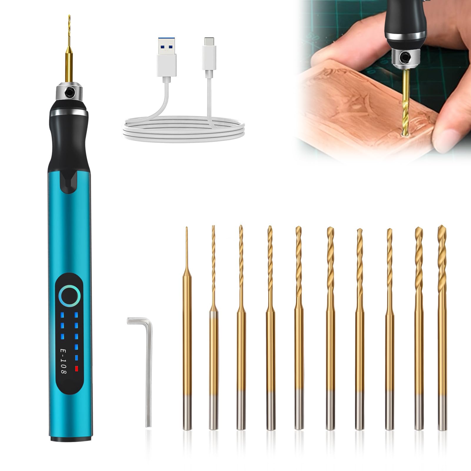 3-Speed Cordless Mini Drill Pen Electric Mini Drill Pen Rechargeable DIY Electrical Hand with 10 Small Drill Bits Electric Engraving Tool Kit for Jewelry Making Resin Keychains Wood Resin Pendant