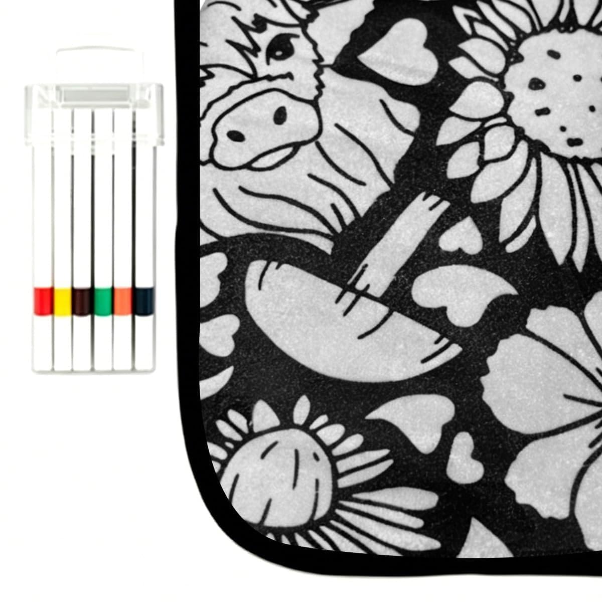 DIY Coloring Blanket Fun Colour Your Own Kit for Art Home Decor，Highland Cow K [Coloring Blanket Only] + 24-Color Markers