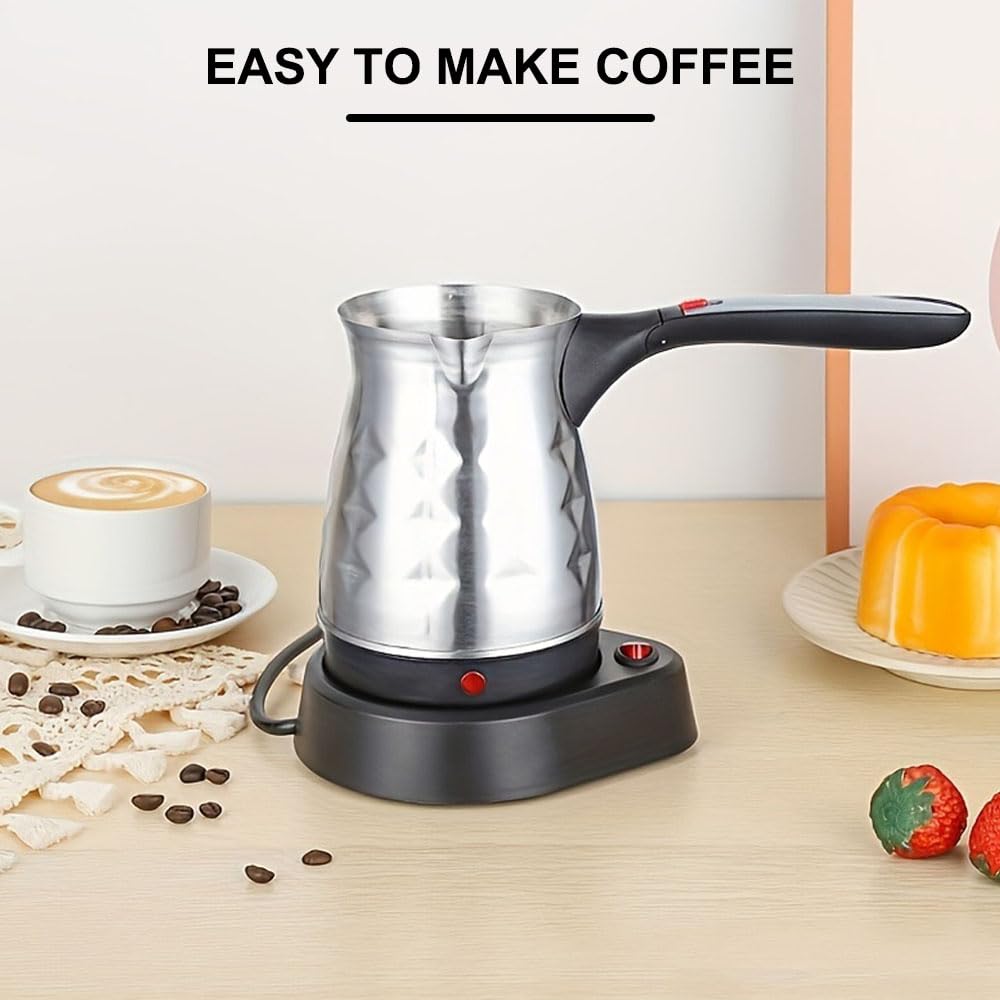 Elektrische Kaffeekanne, 500 ml Elektrische türkische Kaffeekanne, Edelstahl-Kaffeekessel mit Henkel, Elektrische Kaffeekocher für Zuhause Camping Büro Reisen