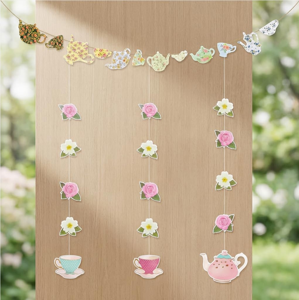 Vintage Floral Tea Party Banner - 2.5M Hanging Decorations with Teapot & Cup Design, Easy to Install Outdoor/Indoor Party Decor for Afternoon Tea, Bridal Shower, Garden Party