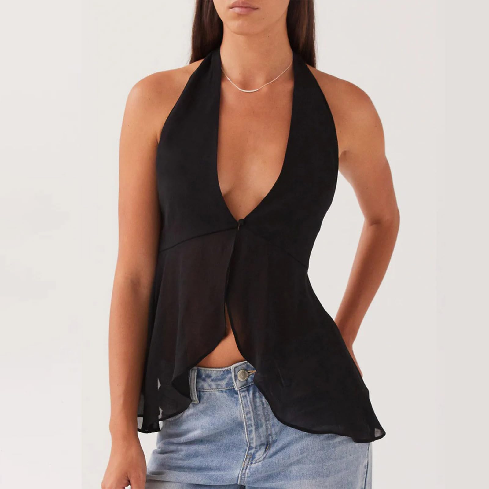 Sexy Outfit Top con Cuello Halter para Mujer, Blusa sin Mangas de Gasa Transparente con Cuello en V Profundo y Espalda Abierta, Top Elegante para Fiesta de Verano