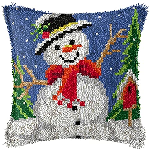 YOJOLO Kit De Broderie Crochet Adultes Enfants Bricolage Bonhomme De Neige Noël Motif Pré-Imprimé Coussin Taie d'oreiller Fournitures pour Point Noué Toile Latch Hook Kit,43 * 43cm/16.9 * 16.9 in Cover
