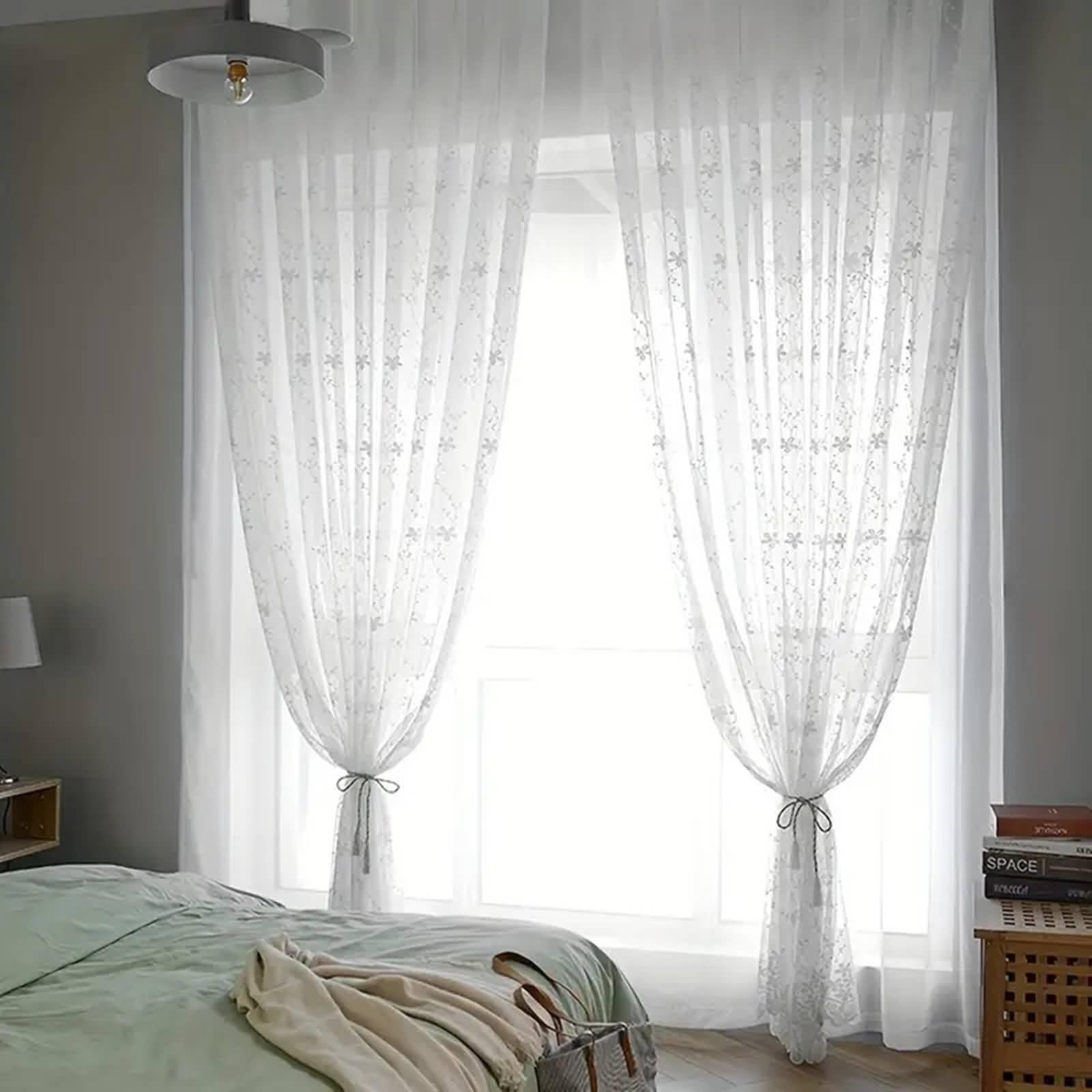 Wycian Bellissime tende in poliestere semitrasparente bianco con fiori ricamati, 102 x 138 cm (larghezza x altezza)
