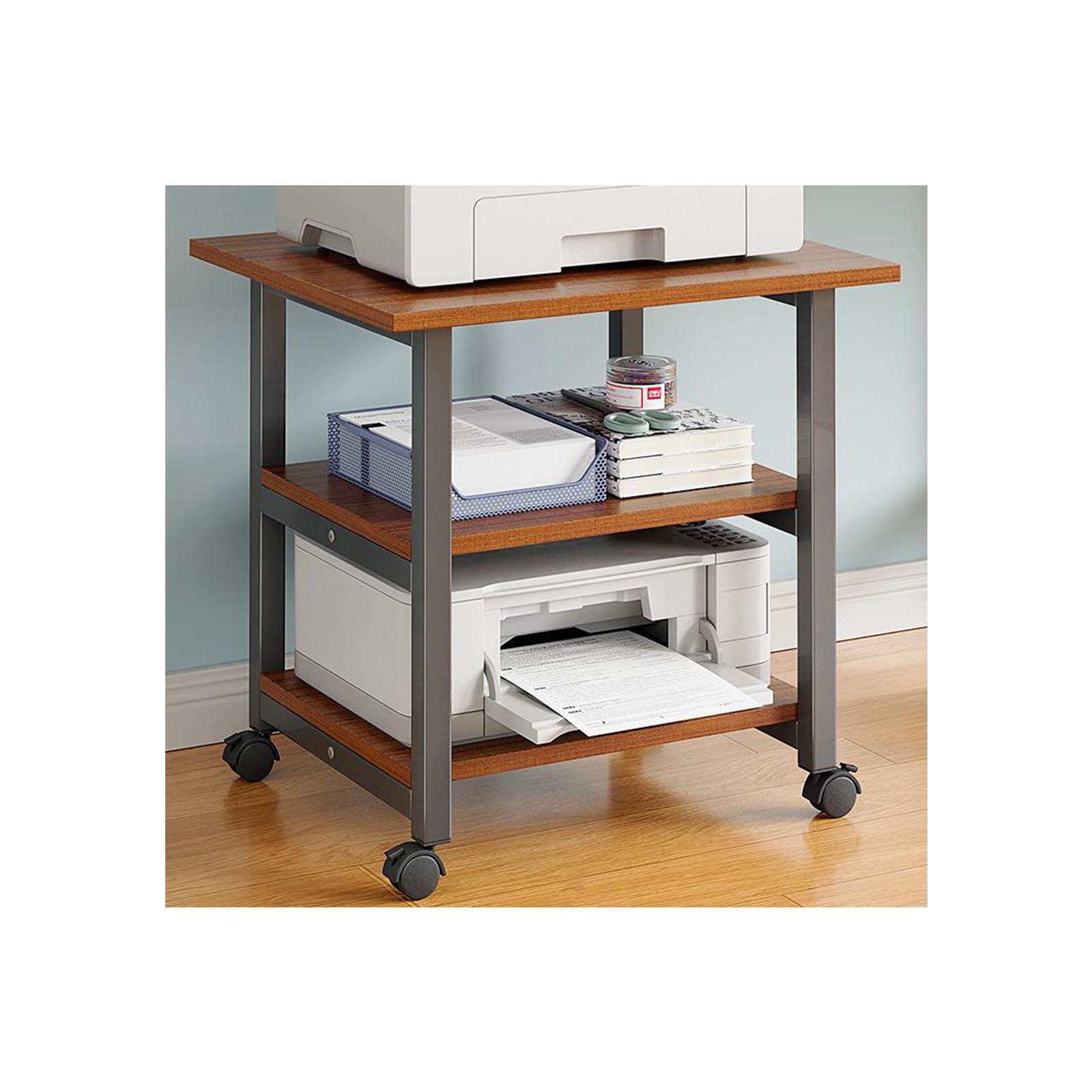 IEOWY Printer stand,2-Tier Printer Stand with Wheels, Mobile Storage Cart, Walnut Printer Rack, Multifunctional Shelf for Fax Machine & All-in-One Printers, Space-Saving Organizer, Durable Design