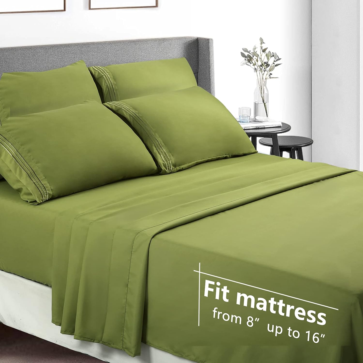 EASELAND Bed Sheet Set - King Size Sheets 6 Pieces Bedding Sheet & Pillowcases Sets, Brushed Microfiber Sheet with Deep Pocket Fits 8 to 16 Inch(King,Green)
