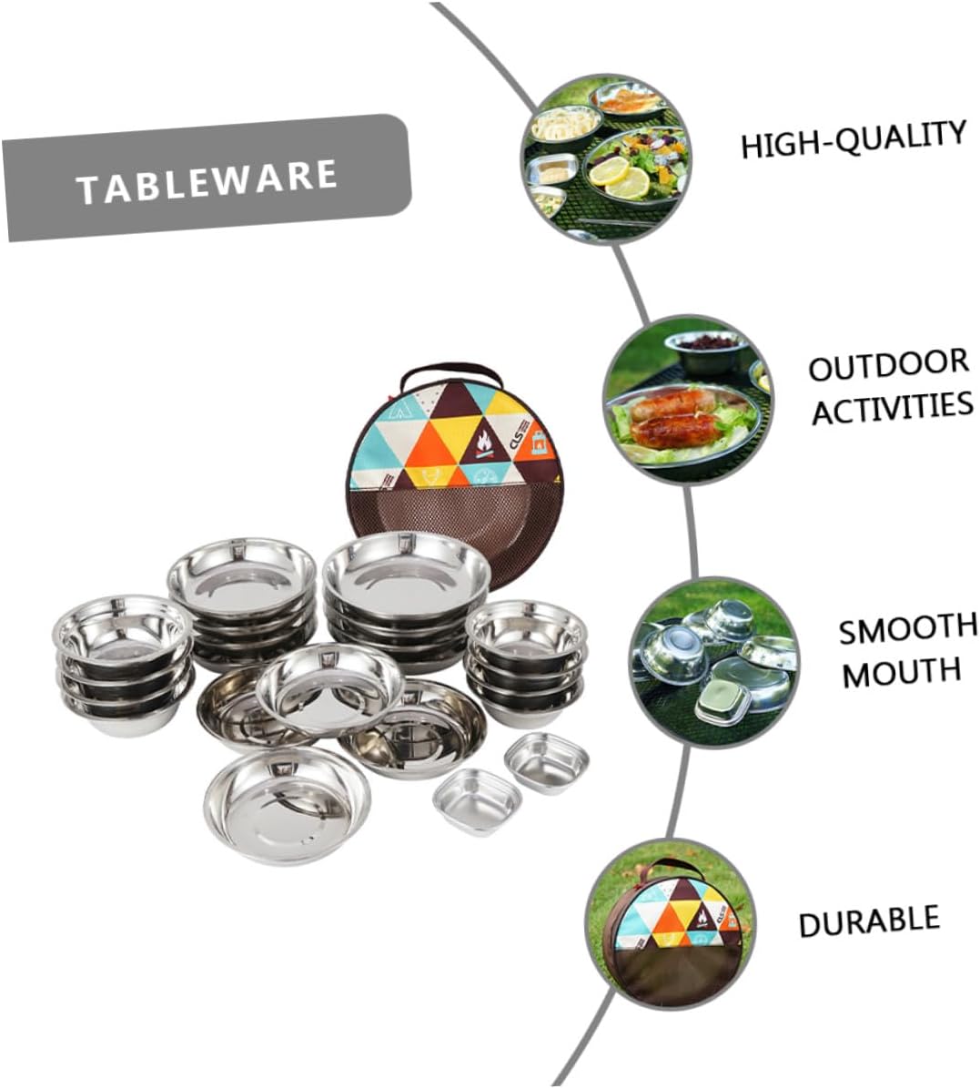 Wakauto Portable Outdoor Dining Stainless Steel Camping Tableware Picnic Plates Bowls Corrosion-Resistant Lightweight for Hiking BBQ and Family Trips