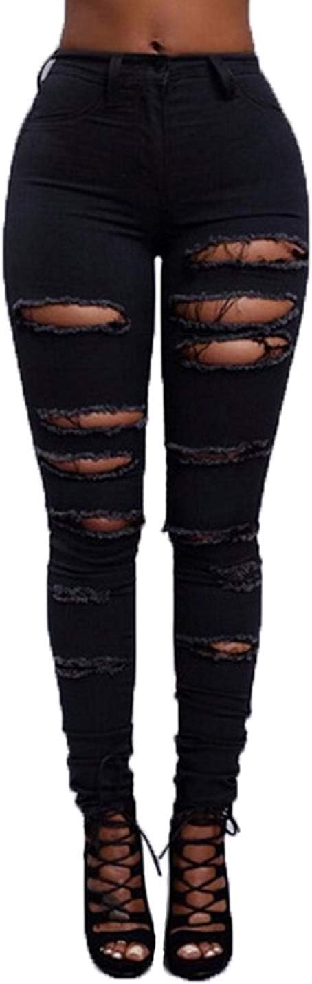Lovits Women's High Waist Skinny Ripped Hole Denim Distressed Ripped Boyfriend Jeans X-Large Black