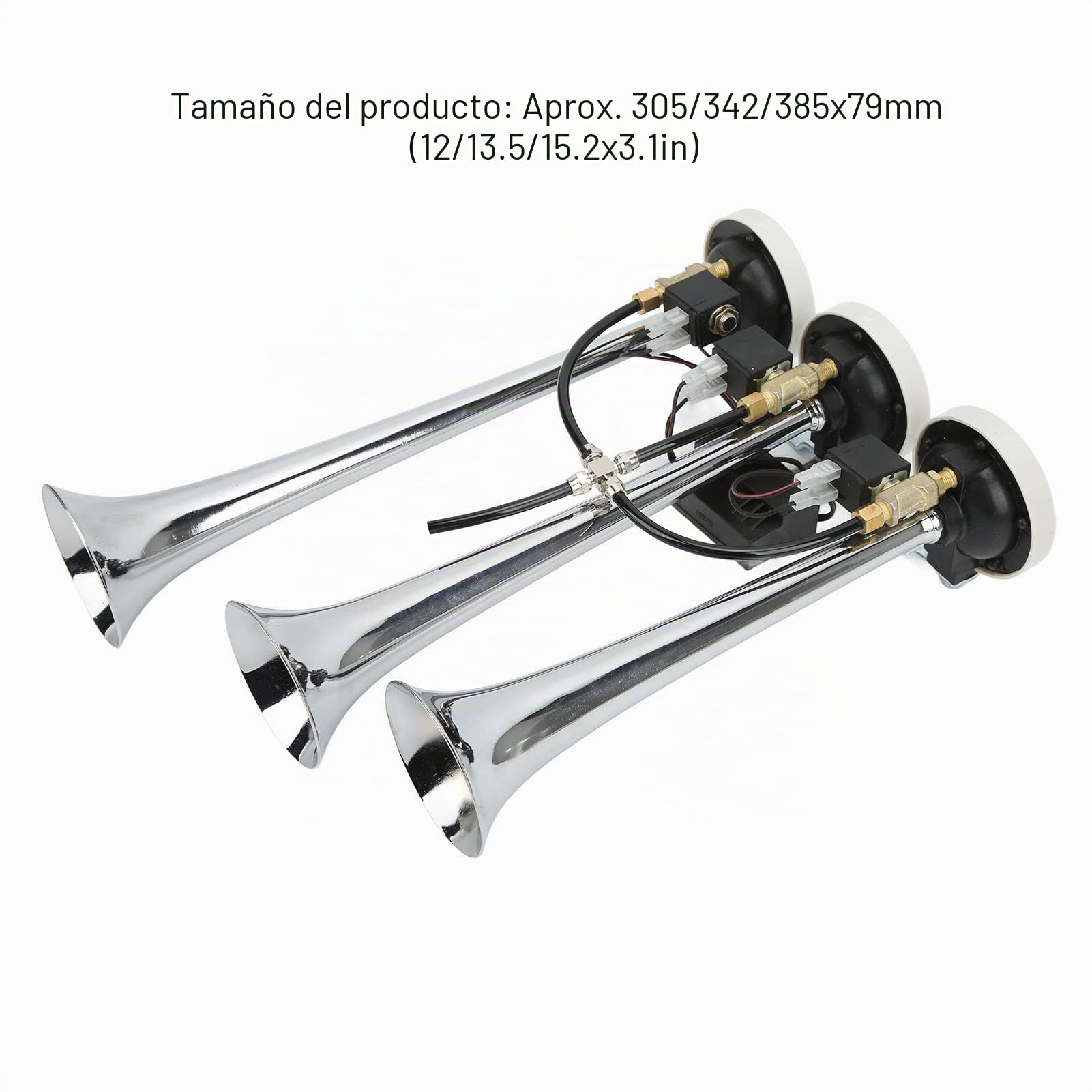 Bocina de Aire Musical Súper Ruidosa de 3/tres Trompetas con 6 Melodías Cromadas 305/342/385x79 Mm DC12 V/24 V para Coches de Club, Camiones y Yates