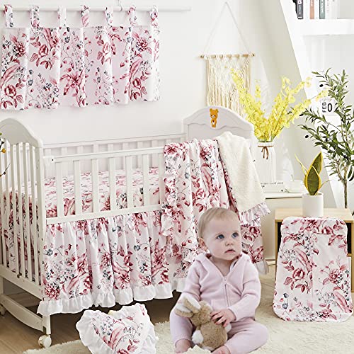 Brandream Girls Pink Nursery Bedding Farmhouse Floral Crib Set Romantic Boho Baby Blanket Set, 6 Piece #TOP16
