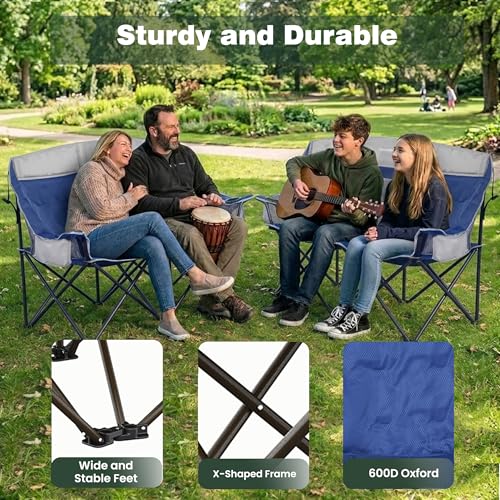 Image of SunnyFeel Double Camping Loveseat Chair, Blue-Cooler, Foldable, Portable, Space Saving, Side Pocket, Cup Holders