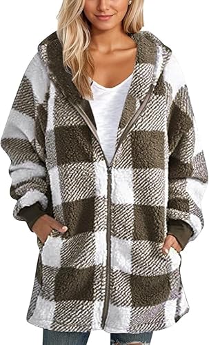 Fleece Jacket Women 2024 Casual Hooded Sherpa Jacket Oversized Flannel Jacket Full Zip Cardigan Winter Coats (3,M)