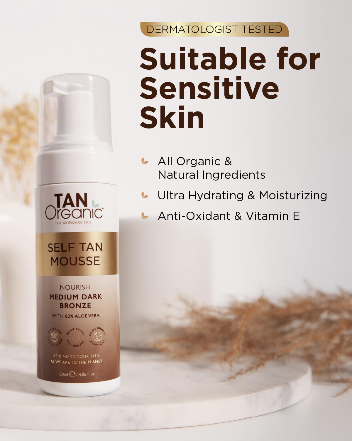 TanOrganic: Pianka samoopalająca, naturalne składniki, certyfikowane składniki organiczne, zatwierdzone przez dermatologów - 120ml