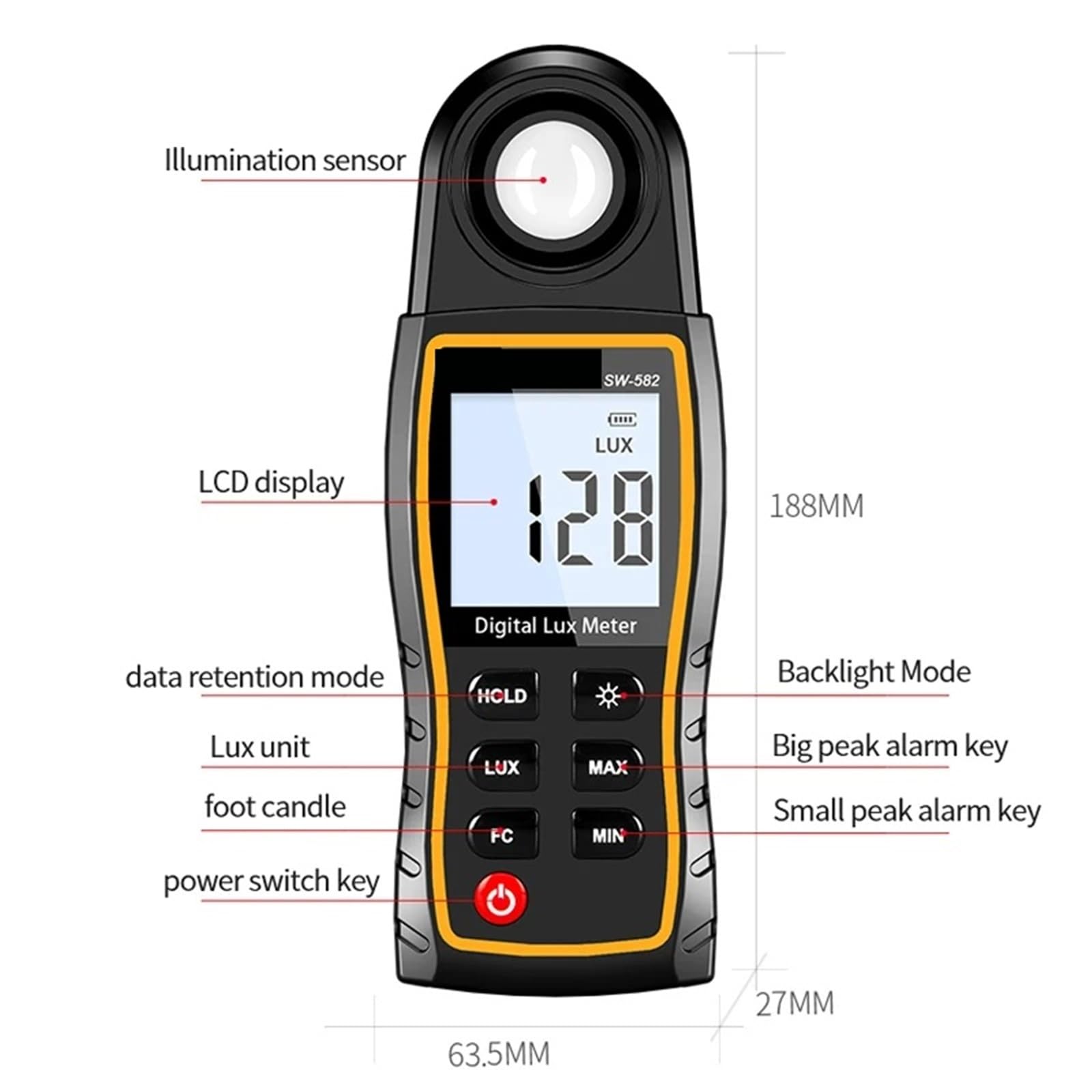 Światłomierz, Miernik światła cyfrowy miernik luksów ręczny tester natężenia oświetlenia LCD 0-199999 Lux/Fc kieszonkowy fotometr do wzrostu roślin