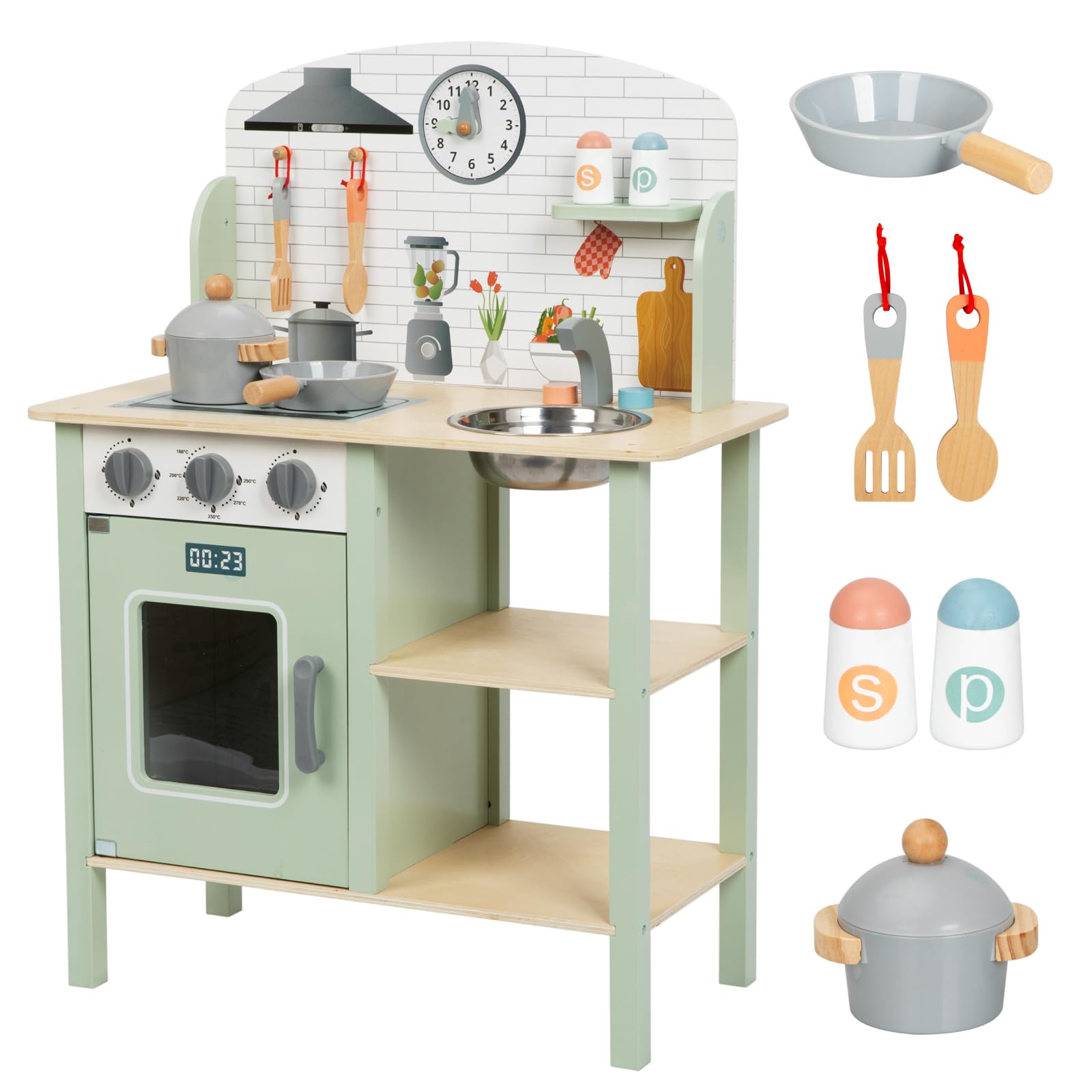 Nene Toys Drewniana Kuchnia Dla Dzieci – Kuchnia Zabawka z Zlewem, Piekarnikiem i Palnikami + 6 Akcesoriów – Zabawa w Gotowanie dla Dzieci 3–5 Lat – Solidne Drewno, Pokrętła, Łatwy Montaż