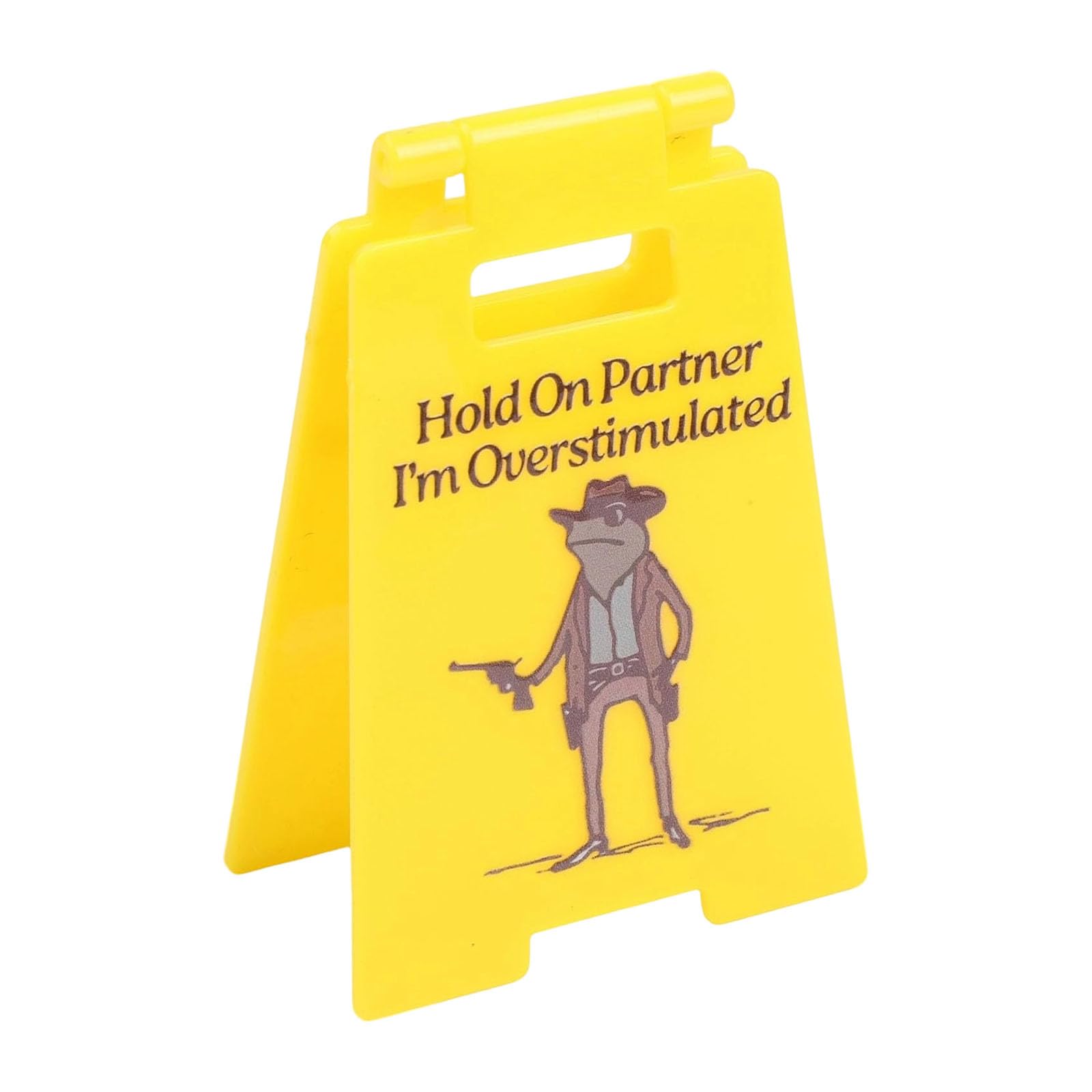 Dwuent Yellow Desk Sign, Hold On Partner I'm Overstimulated Sign, Funny Desk - Frog Pattern Office Decor, Stress Relief Gift For Colleagues, Coworkers And Friends