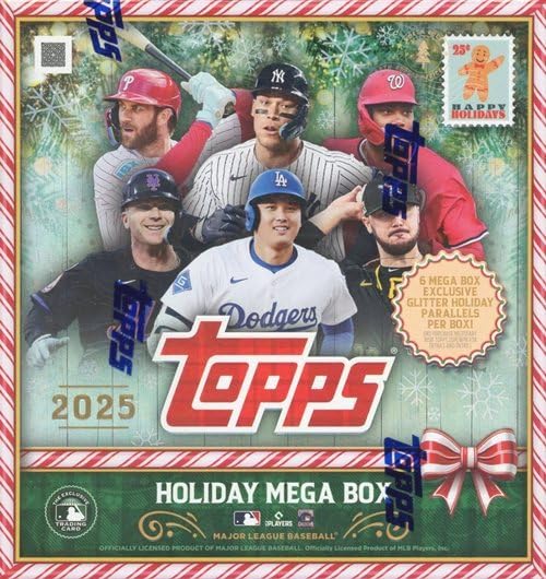 2025 Topps Baseball EXCLUSIVE Factory Sealed HOLIDAY MEGA Box with 100 Cards Including (5) GLITTER HOLIDAY PARALLELS Oversized Die-Cut Ornament Plus Autograph Relic or Base Chrome Variation & More!
