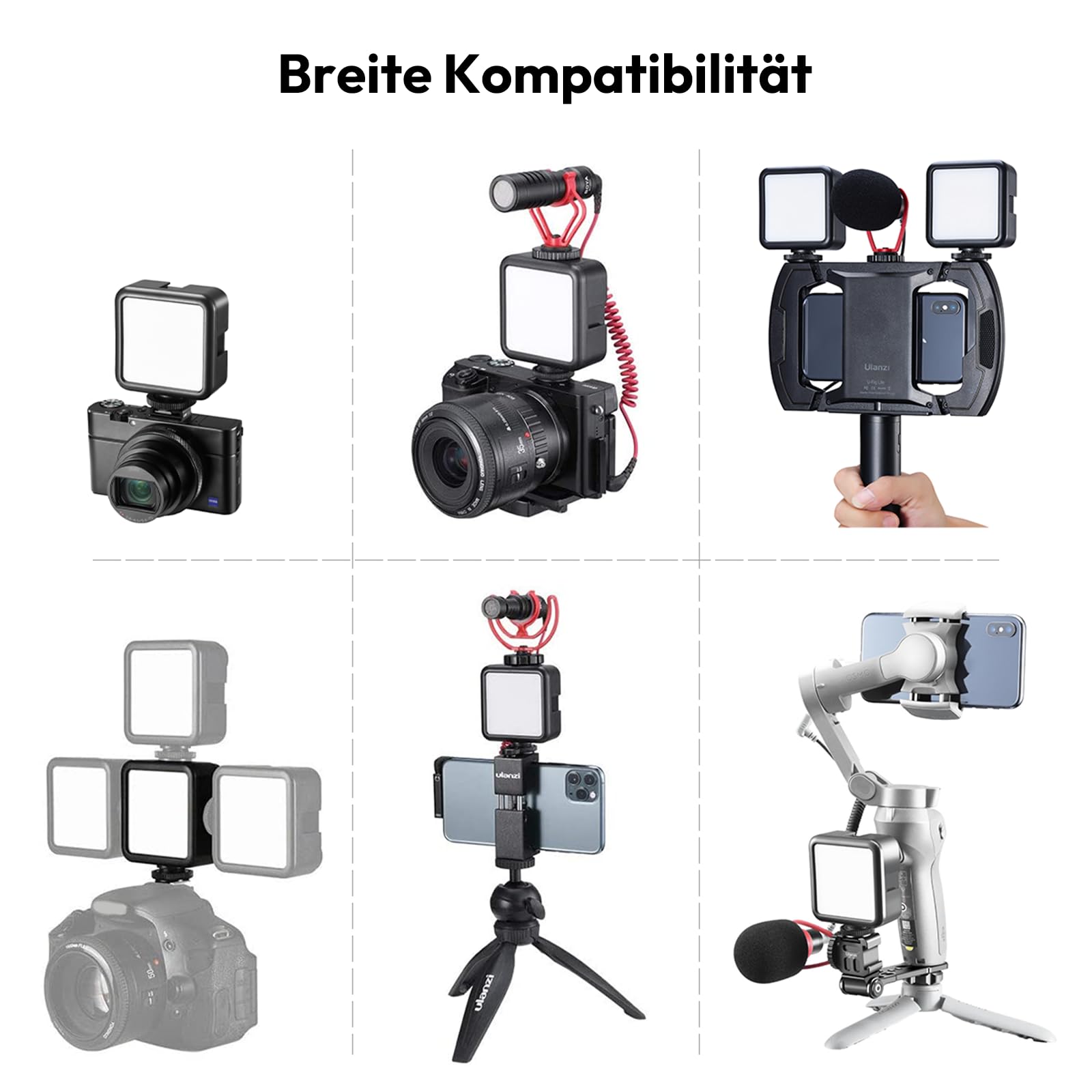 Camera Light, ULANZI VL49 Video Licht mit 2000mAh Akku, LED Videoleuchte 5500K Einstellbar, 3 Cold Shoe für Mikros und Lampen, Dauerlicht für Kamera Foto Schwarz
