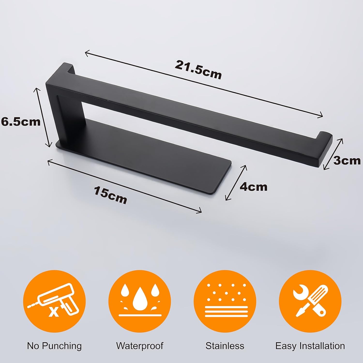 Self-Adhesive Hand Towel Holder Matte Black, Premium Stainless Steel Rustproof Hand Towel Bar no Drilling for Bathroom, Kitchen, Washroom