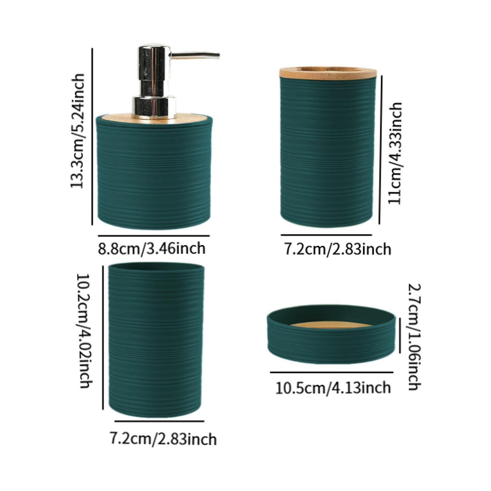 4 Piezas Set de Accesorios de Baño Dispensador de Jabón Porta Cepillos Vaso para Enjuague Jabonera Material Plástico Resistente Adecuado para Hogar, Verde Oscuro, Individual