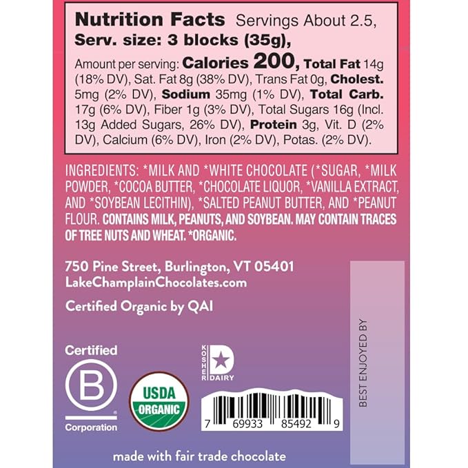 Indulge in the delectable taste of Vermont with this full-sized gourmet candy bar. Made in Vermont, this kosher treat is packed with flavor, boasting a 38% cocoa content milk chocolate shell filled with smooth and creamy peanut butter. Each bite is a delicious combination of rich chocolate and nutty peanut butter, making this candy bar a truly decadent experience.
Not only is this candy bar delicious, but it is also made with quality and ethically sourced ingredients. All components are certified USDA organic by QAI, ensuring that you are consuming a treat that is not only tasty but also made with care for the environment and personal health. Each bar weighs 3.25 ounces, providing you with the perfect portion size for satisfying your sweet tooth cravings.
Treat yourself to a guilt-free indulgence with this Vermont-made gourmet candy bar. With its organic certification and kosher status, you can enjoy this treat knowing that it meets high standards of quality and ethics. Whether you are a fan of creamy peanut butter or rich milk chocolate, this candy bar is sure to satisfy your sweet cravings and leave you wanting more. Grab a bar today and savor the delicious flavors of Vermont in every bite. Description by ChatGPT.