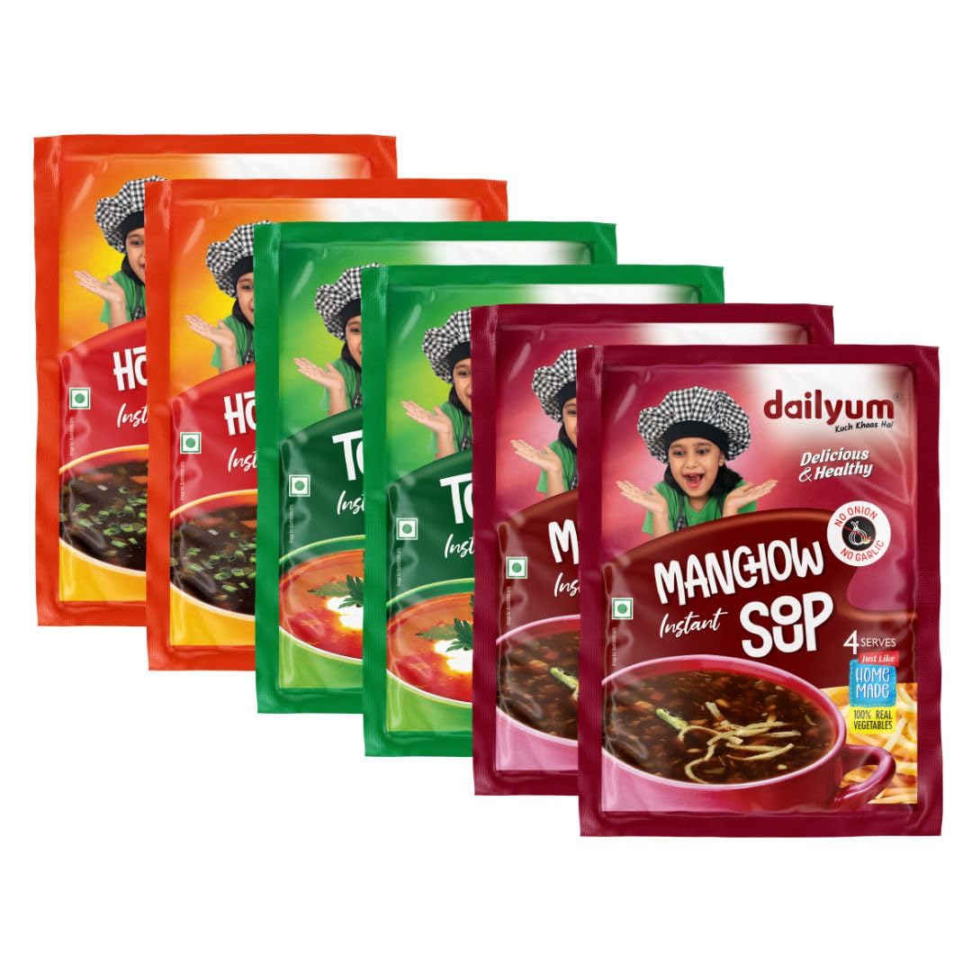 Dailyum Instant Soup Combo Of 6 | No Onion Garlic | 2 Manchow Soup | 2 Tomato Soup | 2 Hot N Sour Soup | Natural | No MSG | Jain | 50g Each (B0BT28FXVZ) Amazon Price History, Amazon Price Tracker
