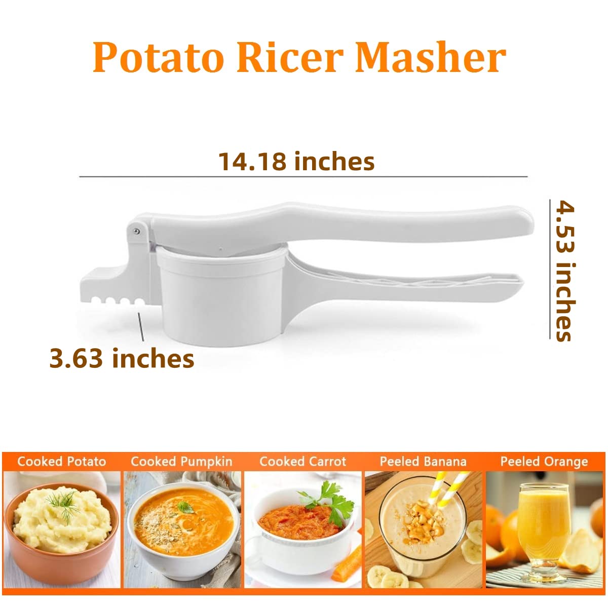 Plastic Potato Ricer Masher with 3 Interchangeable Stainless Steel Discs, White