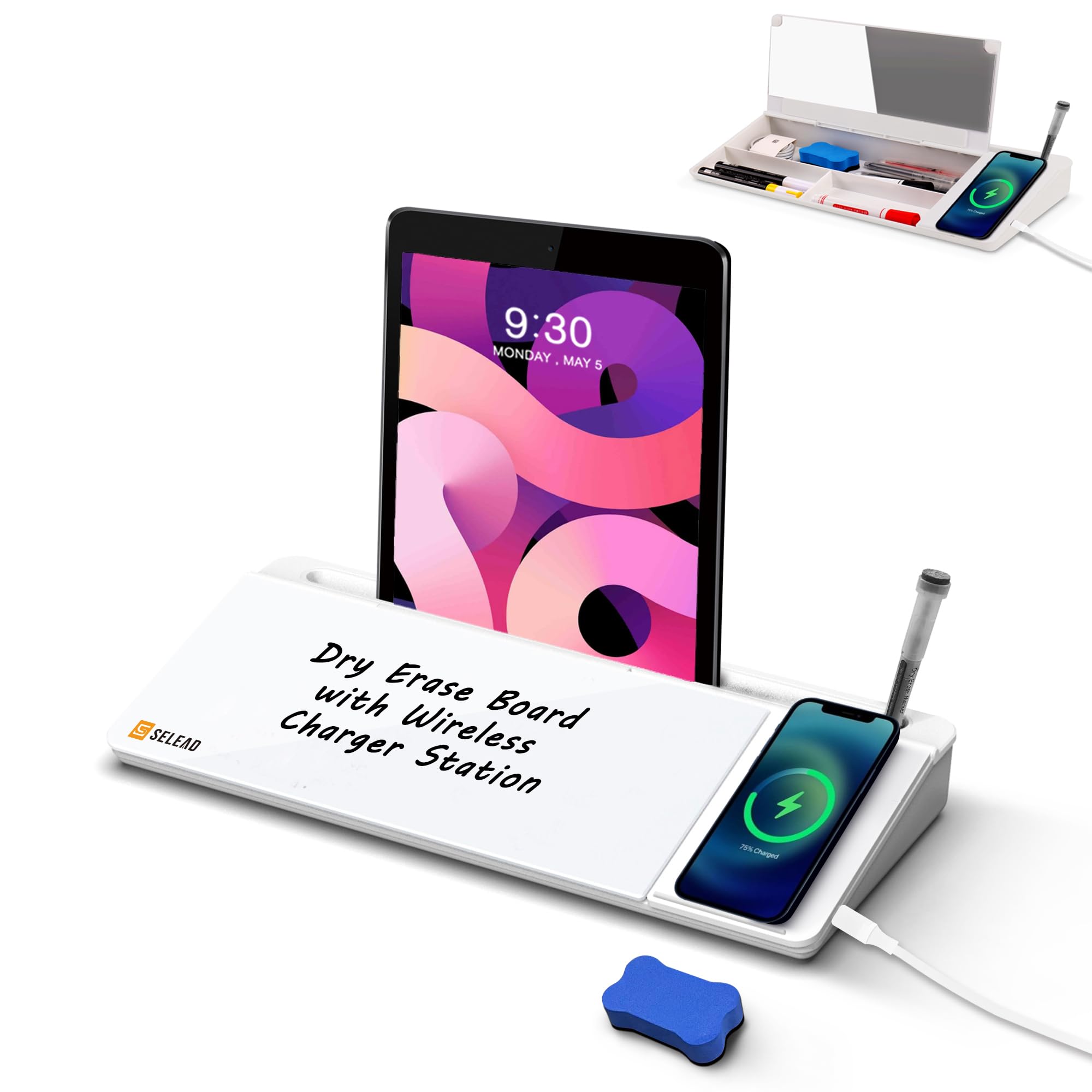 SELEAD Desktop Glass Whiteboard with Wireless Charger Station & Built-in Mirror, Dry Erase Board Computer Pad Keyboard Stand with Organizer for Home, School, Office Desk Accessories, White