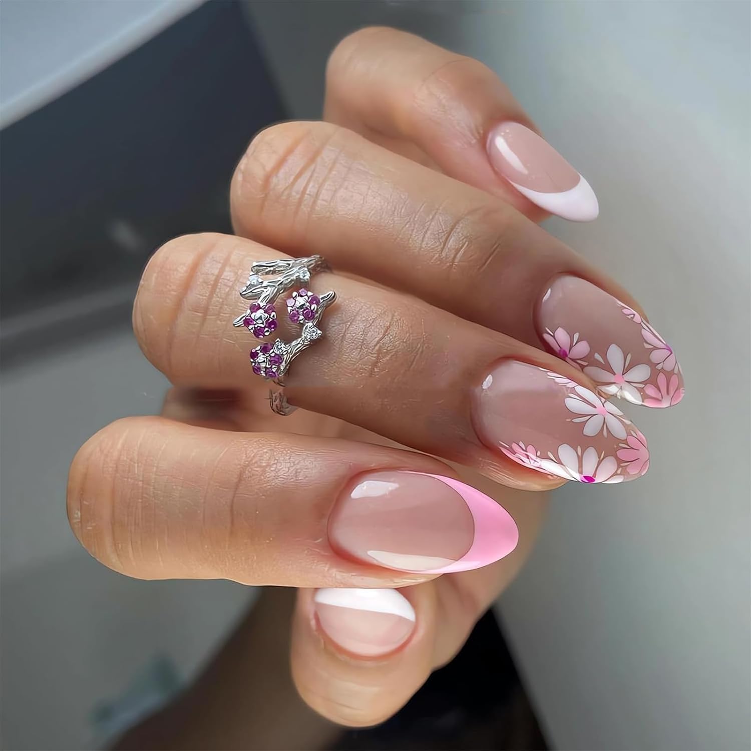 CharmBurst 24pcs Medium Almond Shaped Press On Nails, Flower Design Stickers Nails, French Style with Shine, False Nails for Sticking