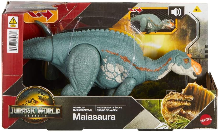 Mattel Jurassic World Rebirth Wild Roar Maiasaura Dinosaur Toy with Tail-Controlled Chomp Multi-Direction Attack & Sound, Posable & Digital Play