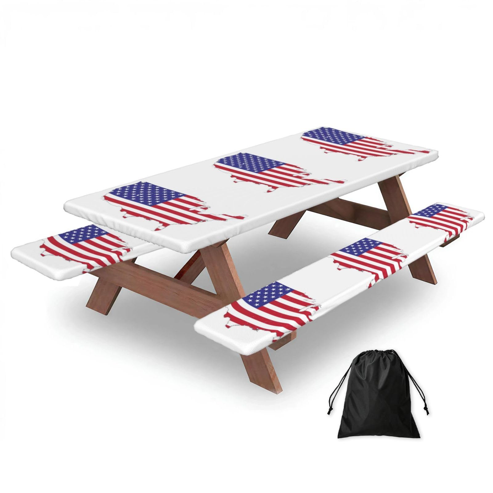 Zyjhyy Black Usa Flag Map Print Party Table Covers With Bench Covers Set Of 3 Picnic Table Cloth Wipe Clean For Garden Camping