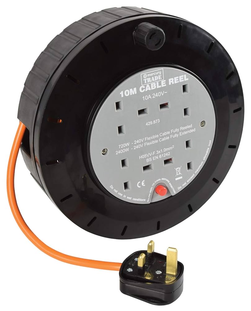 Schneider Electric Thorsman - 4 Socket Extension Lead Reel, 25m, 13A, 240V, With Safety Cut Out Switch, Open Cable Reel, JJR42513