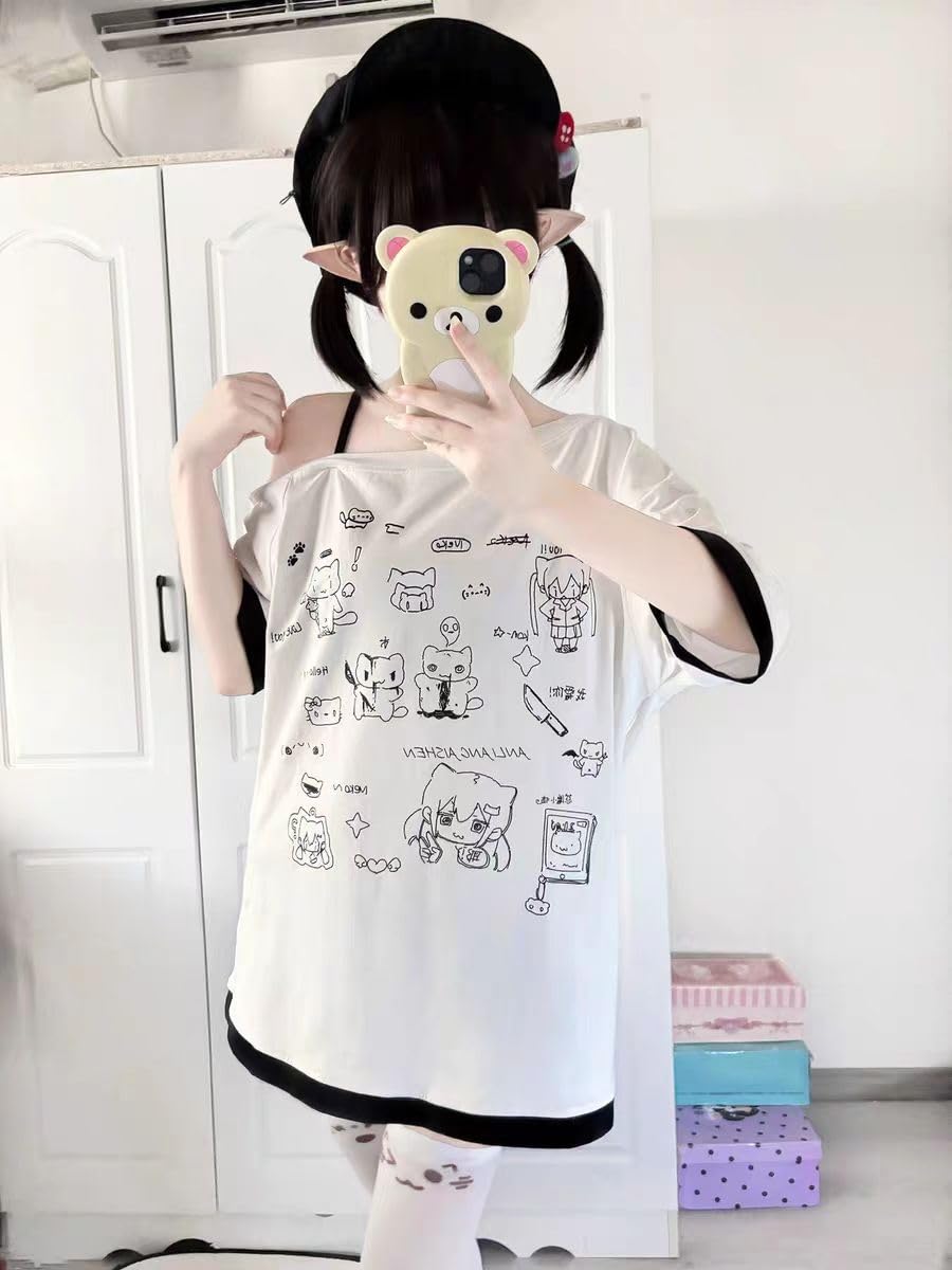 Y2k Kawaii Shirts for Women Cartoon Graphic Tees Off Shoulder Cutecore Shirts Harajuku Fashion Gothic Tops