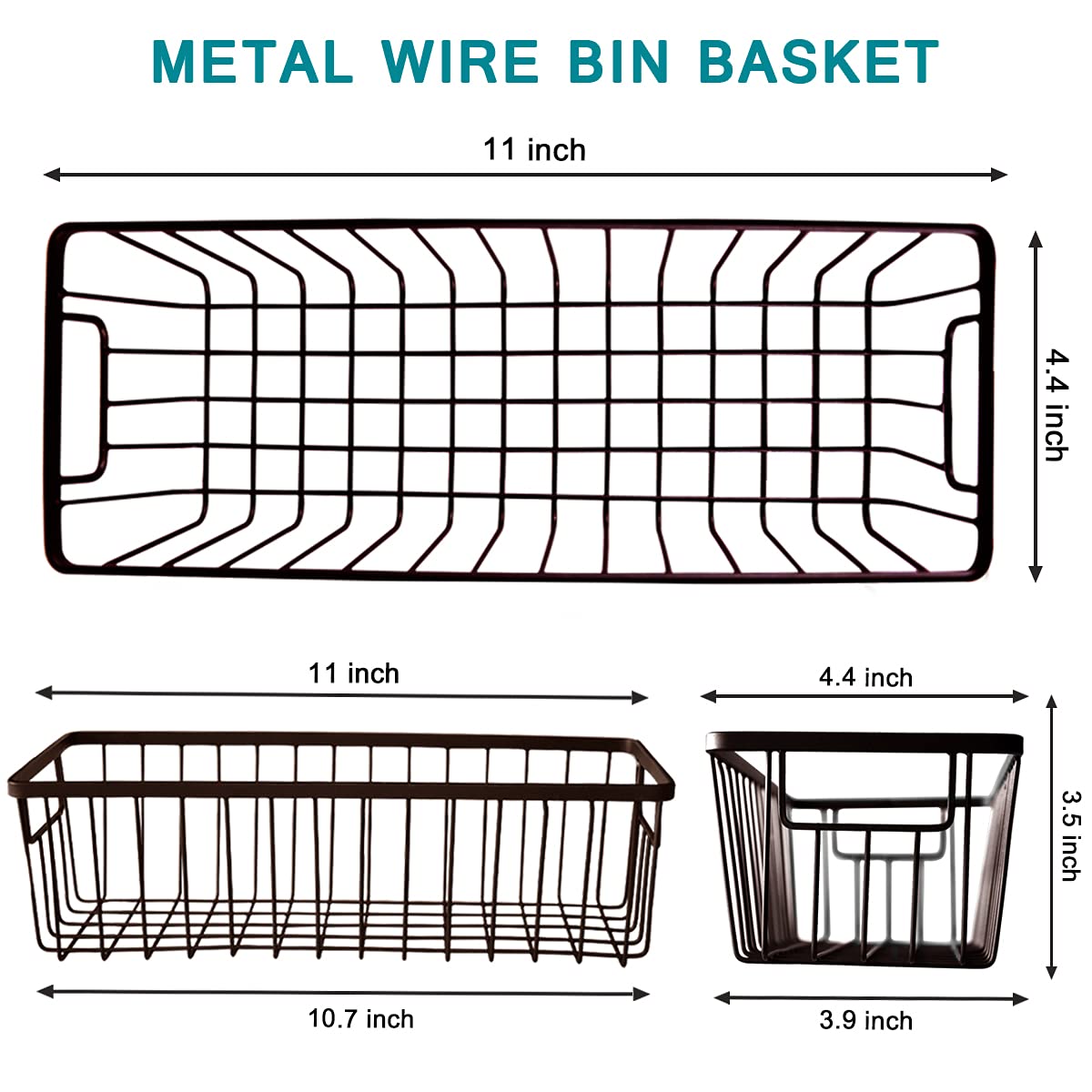 Farmhouse Metalowy kosz druciany z uchwytem, mały, 4 sztuki, rustykalny organizer do przechowywania w domu, do szafek, spiżarni, szafek, półek, blatów, toaletki łazienkowej, kuchni, sypialni (brązowy)