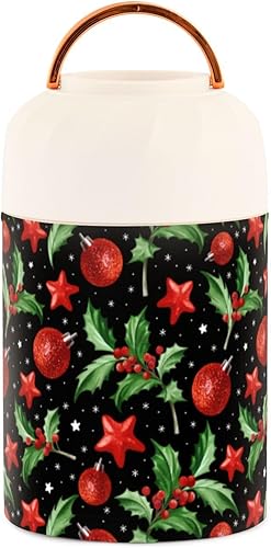 Miniatura 2 de Christmas Bell Evergreen Bough - Tarro de alimentos con cuchara de acero inoxidable aislado al vacío, recipiente de alimentos de 17 onzas para