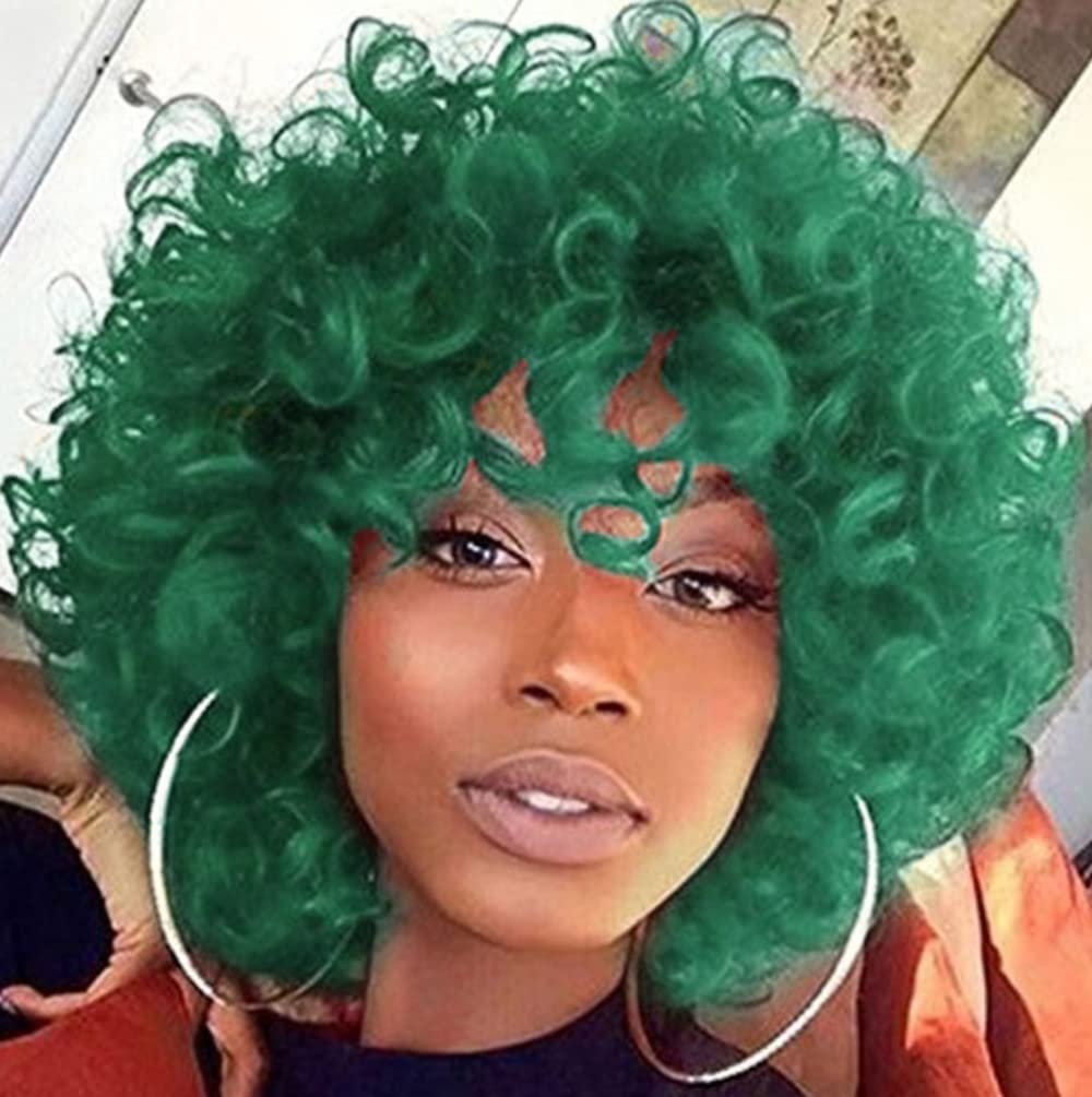 PORSMEER Curly Afro Wigs for Women Natural Synthetic Hair Kinky Big Wave Bob Green Wig for Halloween Cosplay Movie Costume/Daily Wear