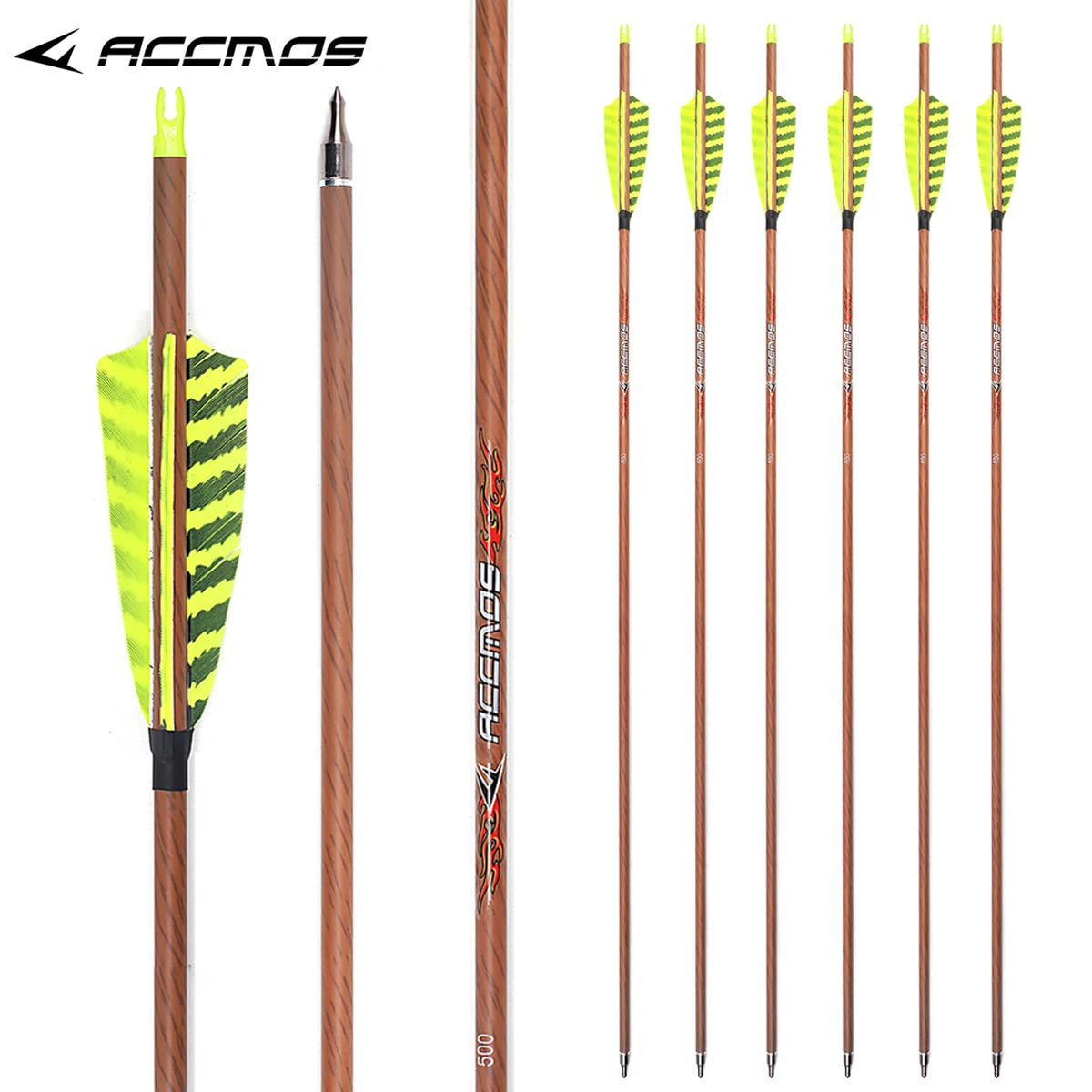 ACCMOS ID 6,2 mm Grana del Legno Frecce in Carbonio 4" Strisce Gialle Piuma Spine 350 400 500 600 700 Frecce da Caccia per Tiro con L'Arco 6 Pezzi (31inch, Spine 600)