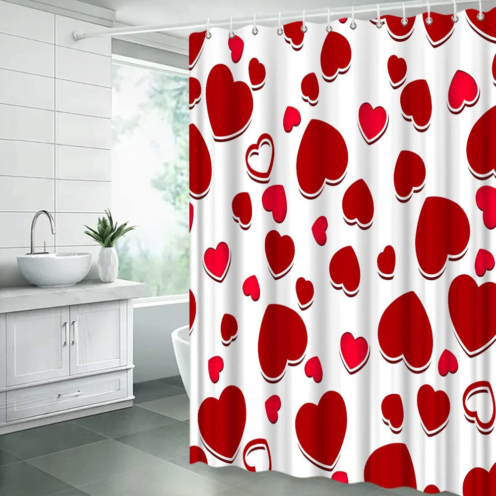 AMHNF Valentine's Day Shower Curtain Red Peach Heart Romantic Love for Lover Couple Creative Bathroom Decor Fabric Curtain with Hooks